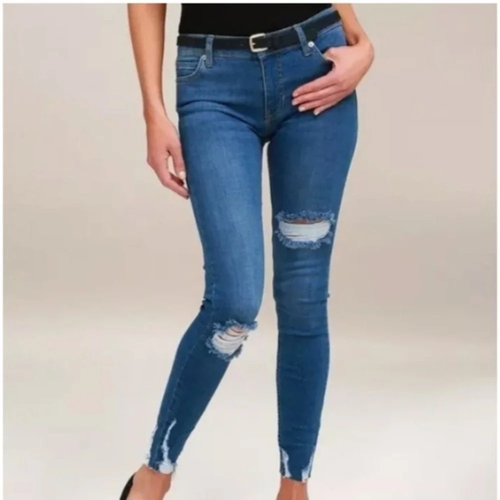Free People Jeans Womens 24 Skinny Raw Hem Ripped Boho Shark bite Indie Sleaze